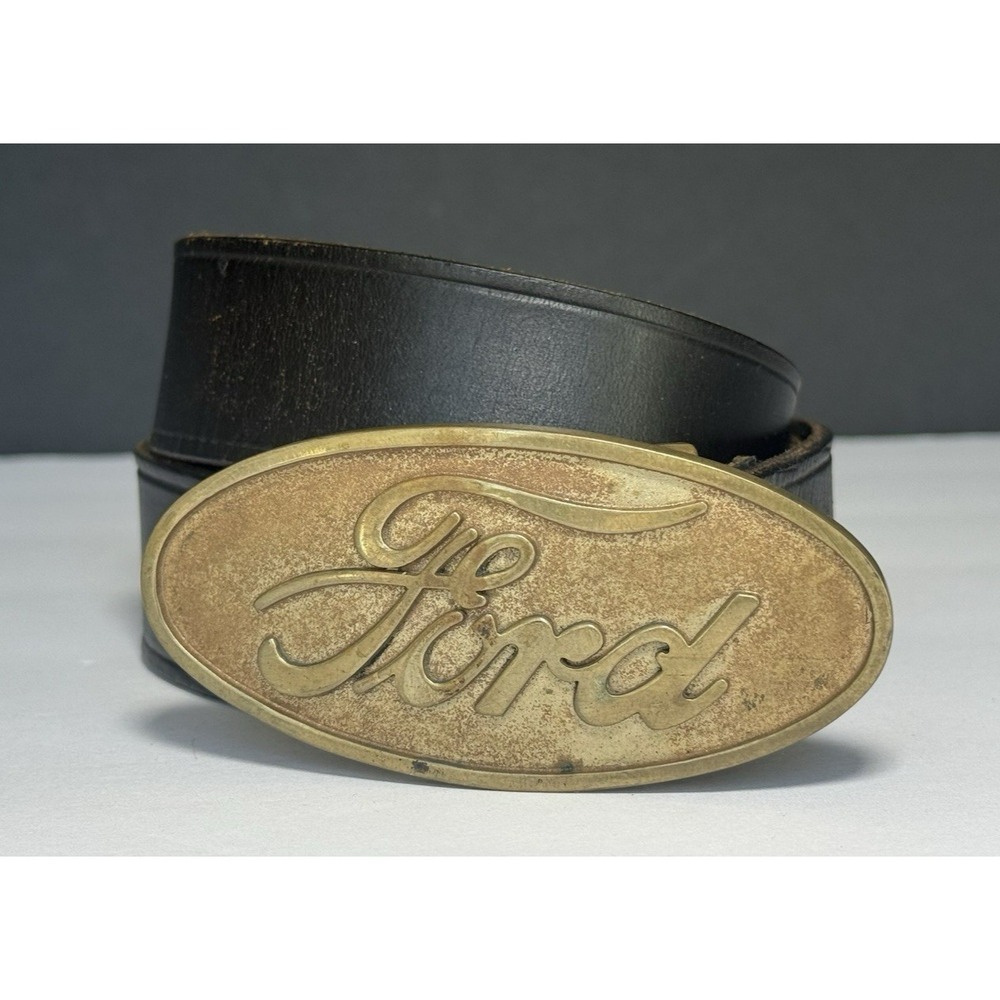 Vintage Ford Script Solid Brass Buckle Black Leather Belt 37" x 1.5" USA